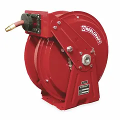 Truck-mounted dual-pedestal grease hose reel with spring-return mechanism. Holds 50 ft of 3/8 in I.D. hose, 1/4 in MNPT hose end, max operating pressure 4,800 psi. Nickel-plated steel swivel, red finish. Overall dimensions 16-1/2 in L x 8 in W x 17 in H. Suitable for high-pressure lubrication in mobile service and industrial greasing applications.