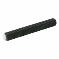 Steel set screw with black oxide finish and POM (polyoxymethylene) tip. M5 thread, 8 mm length. Half dog point design prevents marring of mating surfaces. Used in machinery and fixture applications where surface integrity is required