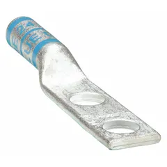 This two-hole compression lug is designed for terminating 6 AWG stranded copper wire. It features a long copper barrel and accommodates a 1/2 in stud size. Suitable for use in power distribution panels, switchgear, and industrial machinery requiring secure crimp connections. No inspection hole.