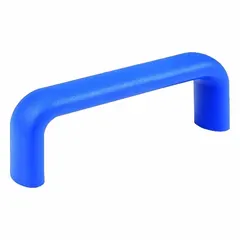 This ELESA bridge handle is made of blue plastic with threaded M8 holes. It is visually detectable and load-rated, suitable for use on industrial machinery and enclosures where non-metallic components are required.