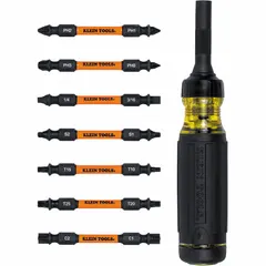 This multi-bit screwdriver includes 14 tips covering Phillips (#0, #1, #2, #3), slotted, square, and Torx profiles. The 9 1/2-inch overall length and cushion/molded grip provide control for driving fasteners in electrical, construction, and maintenance tasks.