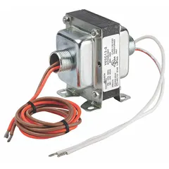 Open Class 2 transformer with 24V AC input and 24V AC output. Features foot mounting and wire lead connections on both primary and secondary sides. Used in low-voltage control circuits for HVAC systems, thermostats, relays, and zone valves.