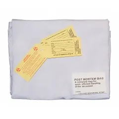 White vinyl body bag with 33-inch overall width, 1-inch overall height, and 7 mm thickness. Includes three vinyl ID tags for identification. Supplied in a 10-pack. Used for containment and transport in healthcare, mortuary, and emergency response settings.