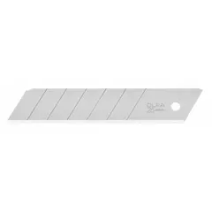 Steel replacement snap-off blades with straight edge and standard tip. Each blade is 1 in wide, 0.03 in thick, and features 7 segments for exposing fresh cutting edges. Suitable for cutting cardboard, paper, vinyl, and thin plastics in packaging, warehousing, and construction tasks.