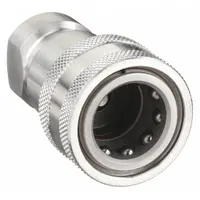 This PARKER ISO B Series hydraulic quick-connect coupling body features a 1/8"-27 Female NPTF thread and is constructed from 316 stainless steel with a fluorocarbon seal. It is designed for connecting and disconnecting hydraulic lines in fluid power systems, chemical processing, and marine environments where corrosion resistance is required