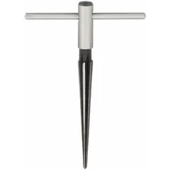 This T-handle reamer is designed for deburring and smoothing the inside edges of cut pipe or tubing. It accommodates pipe sizes from 1/8 in minimum to 1/2 in maximum and is suitable for use on aluminum, brass, plastic, and steel. Common applications include plumbing, electrical conduit, and general maintenance tasks.