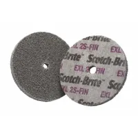 This SCOTCH-BRITE XL-UW unitized wheel is 2 inches in diameter and 1/4 inch wide with a 3/16 inch arbor hole. It uses fine silicon carbide abrasive for final finishing of stainless steel and nickel alloys. Commonly used on welds, edges, and contours in metal fabrication and maintenance