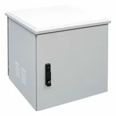 Steel fan-cooled server rack enclosure with powder-coated finish. Measures 25 1/8 x 23 5/8 x 21 5/8 inches and accommodates 12 rack units. Includes two shelves. Suitable for housing network equipment such as switches, patch panels, and servers in indoor or protected outdoor environments.