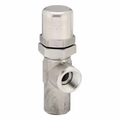 Soft-seat pressure control valve with 3/4 in NPT connections, stainless steel body, and maximum set pressure of 200 psi. Used in hydraulic and pneumatic systems to regulate downstream pressure in industrial fluid power circuits and process control applications.