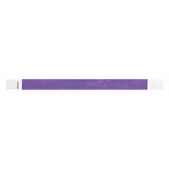 Tyvek security wristband in purple, 10 inches long and 3/4 inch wide. Supplied in packs of 500 with no pre-printed legend. Suitable for access control, event management, and patient identification.