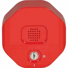 This remote horn unit is a replacement part for door alarm systems. It operates at 9V DC and produces a 105 dB audible signal. The housing is made of red polycarbonate. Typical applications include signaling door openings or security breaches in industrial settings.