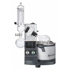Manual lift rotary evaporator with 5 L capacity, speed range 10 to 280 RPM, and 1300 W heating power. Includes G3 vertical condenser and vacuum controller. Start screen provides direct access to two favorite settings. Used for solvent removal, distillation, concentration, and drying in laboratory batch processing.