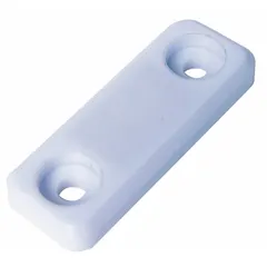 Plastic magnetic push-to-close catch with pull opening action. Height 11/16 in, width 1 3/4 in. Used to hold cabinet doors or panels securely closed in industrial enclosures, electrical panels, and furniture applications.