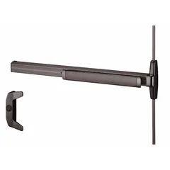 This surface vertical rod push bar is constructed of bronze and features a touchbar with night latch. Designed for doors up to 3 ft wide, it is configured as right-hand reverse (RHR). Suitable for use on commercial doors requiring panic exit hardware.