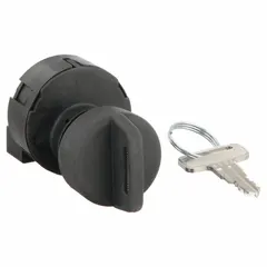 Panel-mounted key switch with contacts, 4-position design, 22 mm panel mounting size. Switch action: maintained/maintained/maintained/momentary. Key code 6896. Used for multi-position key-operated control in industrial machinery and equipment safety circuits.