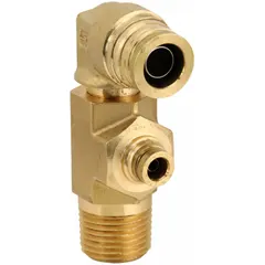 Brass push-to-connect elbow adapter with 1/2 in OD tube connection and 1/2 in male NPT pipe thread. Used in pneumatic and air brake systems to connect tubing to threaded ports without tools.
