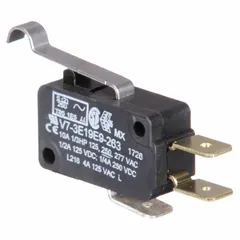Miniature snap-action switch from the V7 series with a roller-lever actuator and 1NO/1NC contact configuration. Rated for 10 A at 250 V AC, with quick-connect terminals. Suitable for position sensing, limit control, and interlock applications in industrial equipment such as conveyors and packaging machinery.