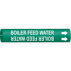 This snap-on pipe marker identifies boiler feed water lines in piping systems. The green background with white legend and directional arrows aids in quick visual identification. Designed for pipe outer diameters from 1-1/2 to 2-3/8 inches. Suitable for use in industrial facilities where clear pipe labeling is required for maintenance and safety.