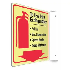 This 8 in x 8 in sign displays L-Shape Projection fire extinguisher instructions: Pull Pin, Aim, Squeeze, Sweep. It features glow-in-the-dark capability for low-light visibility and mounting holes for secure installation. Suitable for industrial facilities to guide personnel during fire emergencies.