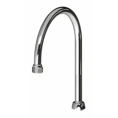 This gooseneck spout is constructed of brass with a polished chrome finish. It features a swivel design and laminar flow for reduced splashing. Includes mounting hardware. Suitable for commercial kitchen, laboratory, or wash station faucets requiring a UNEF connection.
