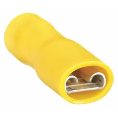 Yellow vinyl fully insulated female quick disconnect socket for 12 AWG to 10 AWG wire sizes. Full coverage insulation protects against short circuits and accidental contact. Used for secure, removable wire terminations in control panels, appliances, and automotive wiring.