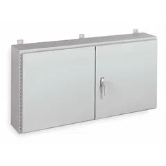This WIEGMANN steel enclosure measures 30 x 48 x 10 inches and is rated NEMA 12 for protection against dust, dirt, and non-corrosive liquids. It features a solid hinged cover secured by screws and does not include knockouts. Typical applications include housing electrical controls and instruments in industrial environments.