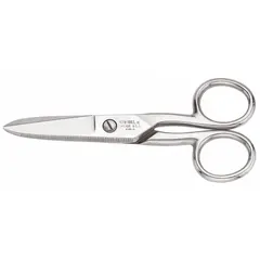 All-metal scissors with straight steel blades. Overall length of 5 1/4 inches. Suitable for cutting and stripping tasks in electrical and general maintenance work.