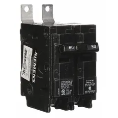 The SIEMENS B260H is a 60 A, 120/240V AC, 2-pole miniature circuit breaker from the BL Series. It is a standard-type, single-phase breaker with a maximum AIR rating of 22kA at 120/240V AC. Designed for bolt-on use with Siemens P1 Panelboards, it provides overcurrent protection for branch circuits in electrical distribution systems.