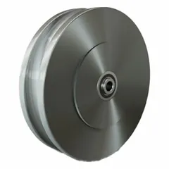 U-groove wheel with 8 in diameter, 2 in width, 2800 lb load capacity, and 1/2 in axle size. Designed for track systems in material handling applications such as overhead cranes, conveyors, and industrial rail systems.