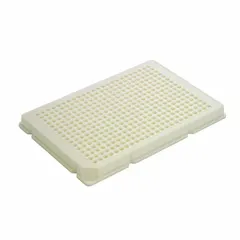 This 384-well microplate is made of white polystyrene with square wells, each having a 0.112 mL capacity. The plate has an 85 mm diameter and is non-sterile, not RNase/DNase free. It is suitable for general laboratory applications such as high-throughput screening, sample storage, and assay development where sterility is not required.