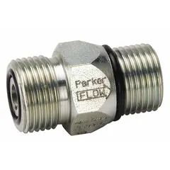 Steel-bodied check valve rated for 5,000 psi and 15 gpm. Inlet is 1-inch SAE O-Ring Face Seal; outlet is SAE O-Ring Boss. Used in hydraulic systems to allow one-direction flow and prevent backflow, common in industrial machinery and mobile equipment.