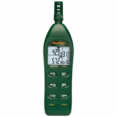 EXTECH Hygro Thermometer Psychrometer: Onboard, 9 in x 2.2 in x 1.7 in - Data Logging Temperature & Humidity Meters