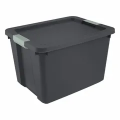 This plastic storage tote has a 20-gallon capacity and a black body. It includes a latch-on lid for secure closure. Dimensions are 23 5/8 in x 18 1/4 in x 15 1/2 in. Suitable for organizing and transporting items in warehouses, garages, or offices.