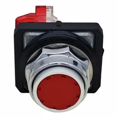 This flush-mount push button features a metallic construction with a 30 mm flush profile and momentary action. It is configured with one normally closed (1NC) contact. Suitable for use as a control switch in industrial panels and machinery where a recessed operator is desired to prevent accidental actuation.
