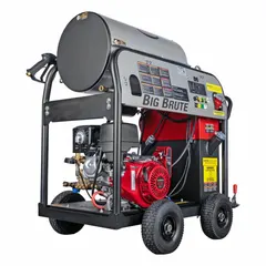 Cart-mounted hot water pressure washer delivering 4000 psi at 4 gpm. Powered by a 389 cc Honda engine. Suitable for removing grease, oil, and grime from equipment and surfaces in industrial and commercial settings.