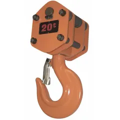 This bottom hook assembly is a replacement component for CB series manual chain hoists. It includes a safety latch and is rated for loads up to 30,000 lb. Typical applications include lifting and positioning heavy materials in industrial environments such as manufacturing, warehousing, and construction.
