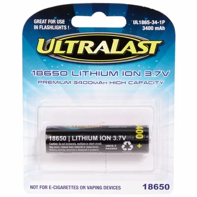ULTRALAST 18650 Lithium Ion Rechargeable Battery, 3.7V DC