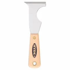 Standard painter's multi-tool with a carbon steel blade and wood handle. Blade measures 3-3/8 in length and 2-1/2 in width. Used for scraping paint, opening paint cans, cleaning rollers, and spreading spackle in painting and surface preparation tasks.