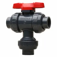 This ASAHI three-way ball valve is made of PVC with socket connections on all three ports. It features an L-port design with a bottom inlet and a tee handle for manual operation. Rated for 150 psi CWP, it is used to divert or mix flow in piping systems requiring corrosion resistance.