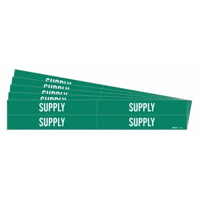 BRADY Pipe Marker: Supply, Green, White, Fits 3/4 to 2 3/8 in Pipe O.D., 4 Pipe Markers - Supply Adhesive Pipe Markers