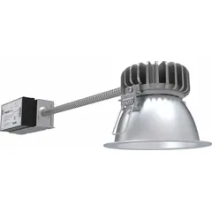 This remodeled-ceiling recessed LED downlight housing is designed for flat ceilings in commercial or residential spaces. It operates on 120 to 277V AC, consumes 18.1 W, and is dimmable. The fixture features a clear open trim with a clear reflector and offers selectable color temperatures of 3000K, 3500K, 4000K, or 5000K.