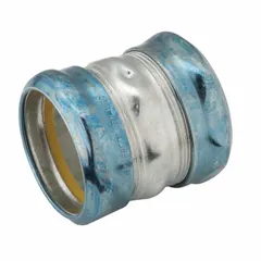 Steel compression coupling for connecting two lengths of 2 in EMT conduit. Zinc-plated finish with blue/gray paint. Rain-tight design includes a clamp. UL 514B listed. Overall length 2 7/8 in.