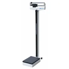 Mechanical physician scale for weighing patients in clinical settings. Weighs in pounds (lb) and is FDA compliant. Includes a wrench for assembly or adjustment.