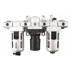 Compressed air treatment unit combining filtration, pressure regulation, and lubrication. Features 40 micron filtration, 106 cfm flow capacity, and maximum operating pressure of 145 psi. Suitable for industrial pneumatic systems requiring clean, regulated, and lubricated air.