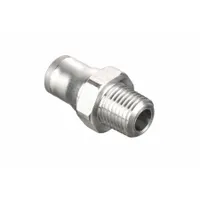 This stainless steel tube fitting connects BSPT threaded ports to push-to-connect tubing. It enables tool-free installation and secure sealing in pneumatic and fluid systems. The silver finish provides corrosion resistance. Thread size A is 3/8"