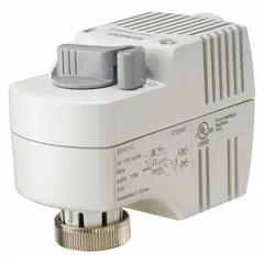 Fail-safe zone valve actuator for HVAC systems, operating on 120V AC with spring return mechanism. Compatible with 599 series valves and normally open valve action. Used to control water or steam flow in heating and cooling applications, closing the valve on power loss to prevent damage.
