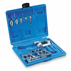 This kit is designed for creating 45-degree flares and swaging connections on aluminum, brass, and copper tubing. It features a slip-on forged steel yoke and a self-centering mechanism for consistent results. The kit includes brass components and a storage case.