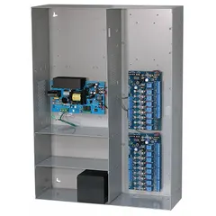 The ALTRONIX MAXIMAL5 is a power supply board housed in a steel enclosure. It operates on 115V AC input and provides 12VDC output at 9A through 16 fused outputs. Designed for centralized power distribution in access control, security, and CCTV systems.