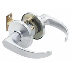 Privacy lever lockset with ANSI F76 function, featuring a 9K curved return lever in satin chromium-plated zinc finish. Equipped with Large Format Interchangeable Core (LFIC) and ADA compliant. Suitable for interior doors requiring privacy locking, such as in commercial or institutional settings.