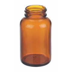 This 125 mL amber glass bottle features a wide mouth with a 38-400 mm neck finish, designed for storing light-sensitive chemicals and reagents. The amber color blocks UV light to protect contents from photodegradation. Supplied without a closure or cap liner, requiring a compatible cap to be sourced separately.